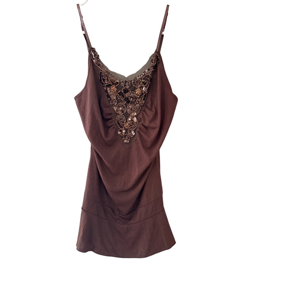 Twenty One Y2k Vintage Brown‎ Beaded Sequin Ruched Peplum Camisole Top Fairy
